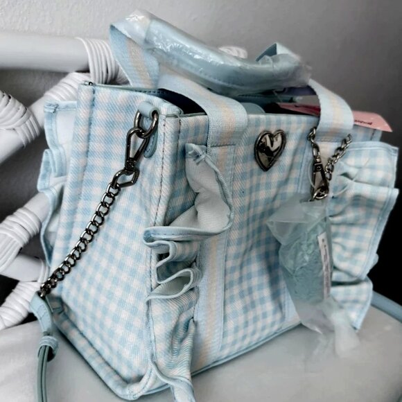 Betsey Johnson Luv Betsey Light Blue Gingham Ruffle Shoulder Bag Heart Sharm NWT - Picture 2 of 16